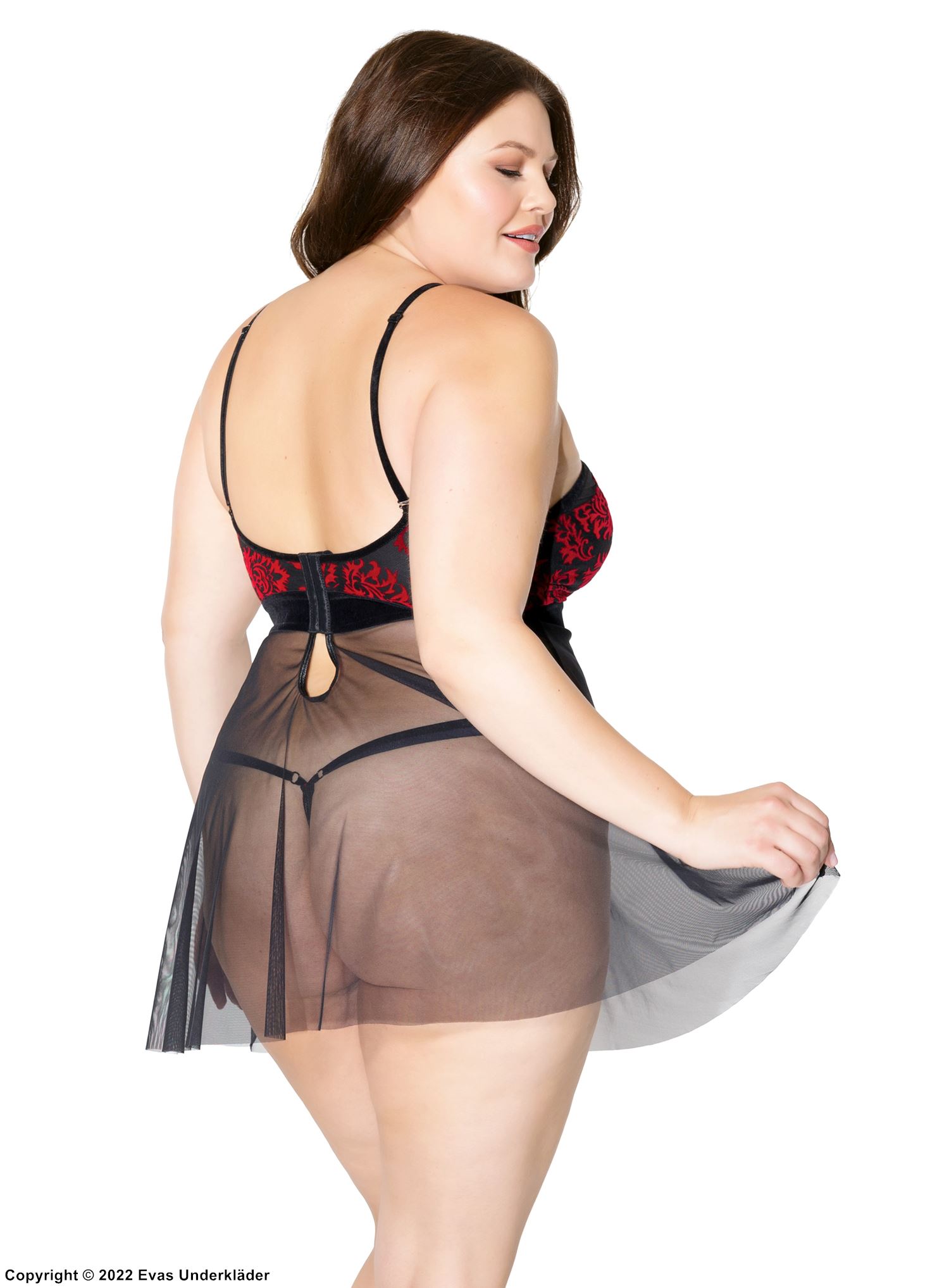 Romantisches Babydoll, Damast, Neckholder, transparente Einlagen, ausgeschnitten, Samt, Plus Size